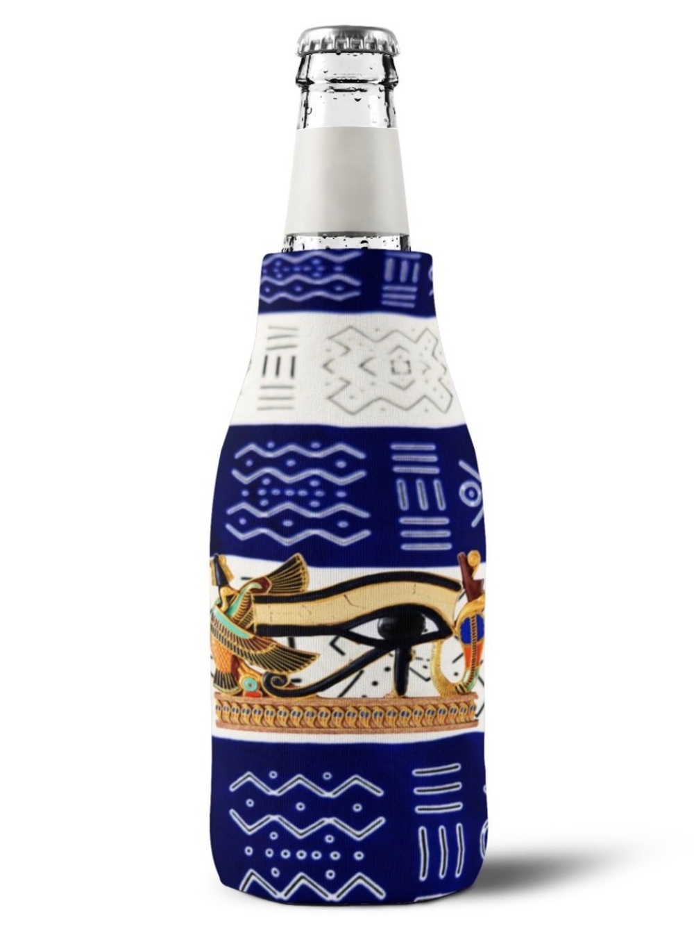 Neoprene Egyptian Eye Of Horus Bottle Cooler - Blue and White